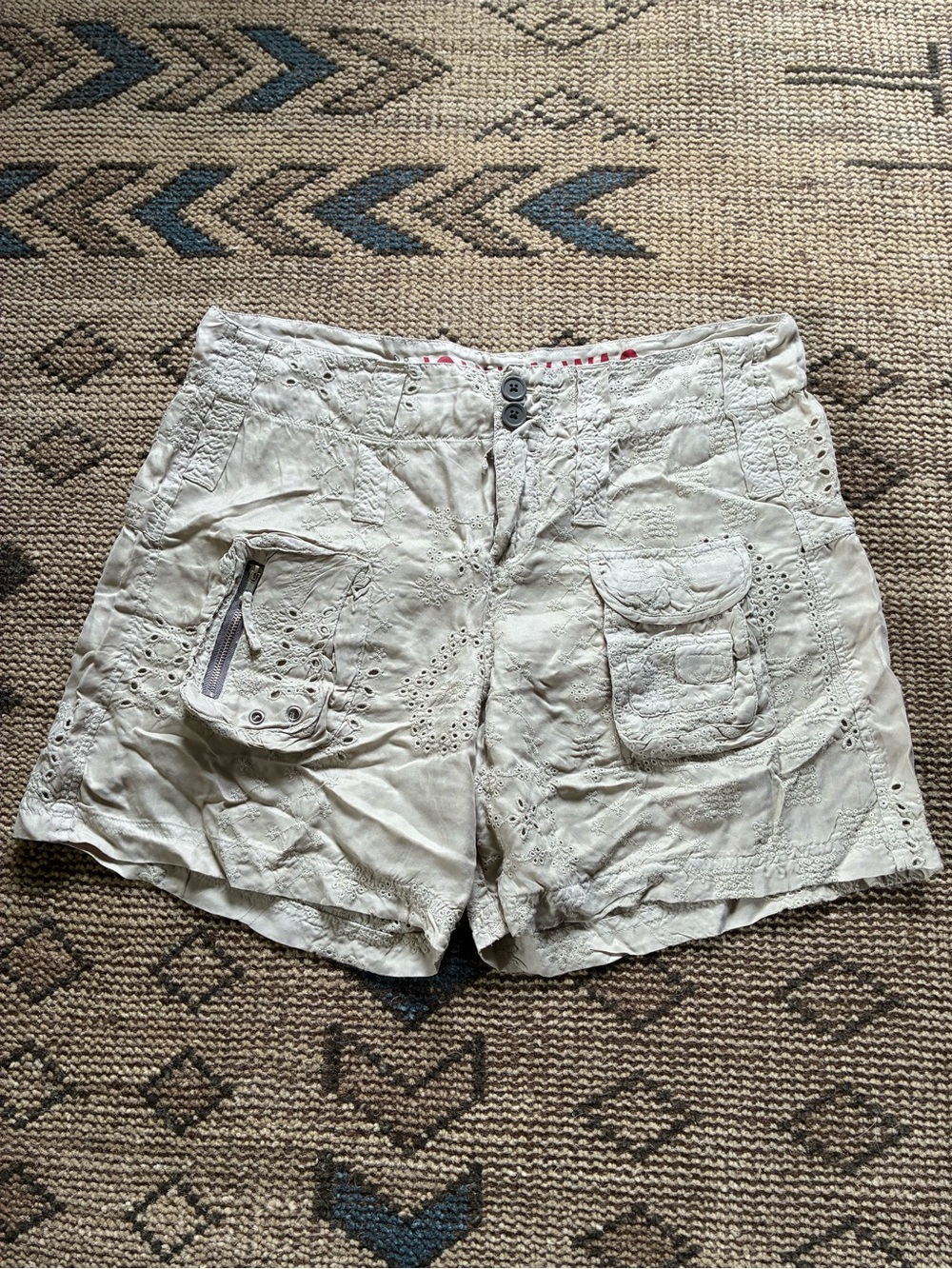 Johnny Was Cream Eyelet Cargo Shorts with Embroidered Pockets
